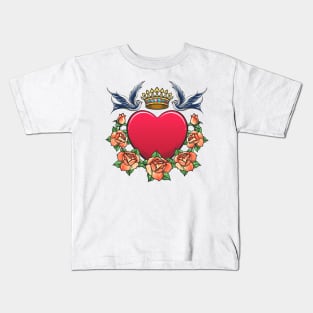 Heart with Crown swallows and rose Wreath Tattoo Kids T-Shirt